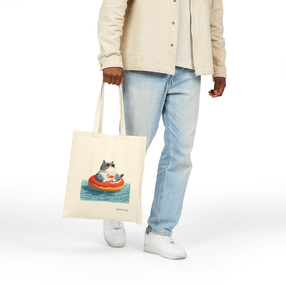 Thumbnail: Carrying a tote bag with a chilling vibe cat on the tube in a pool on one hand.