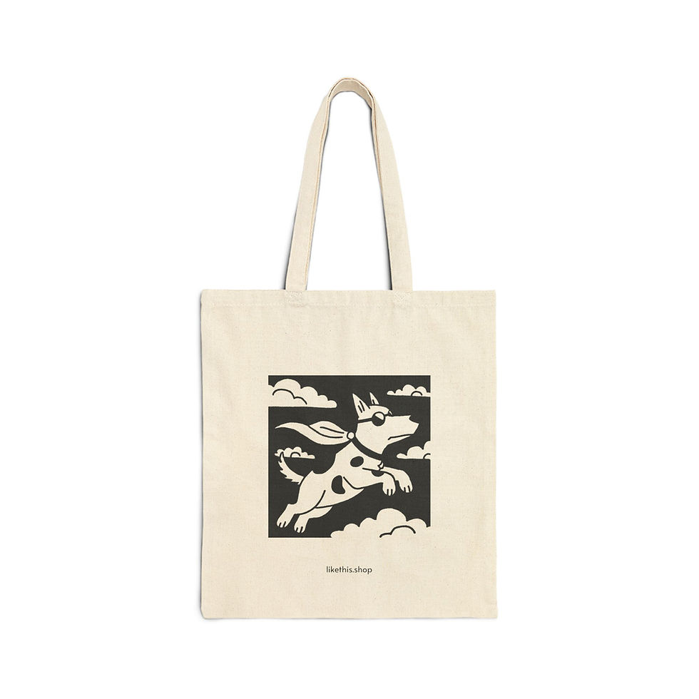 A cotton canvas tote bag with a flying superhero dog