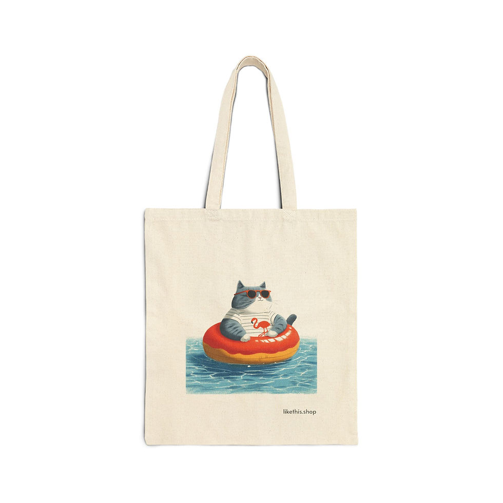 A tote bag with a chilling vibe cat on the tube in a pool