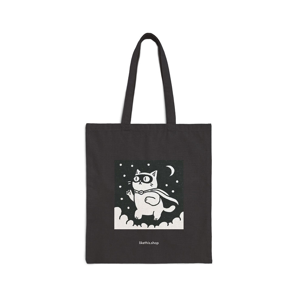 Black cotton canvas tote bag with a cat walking on the cloud in the sky