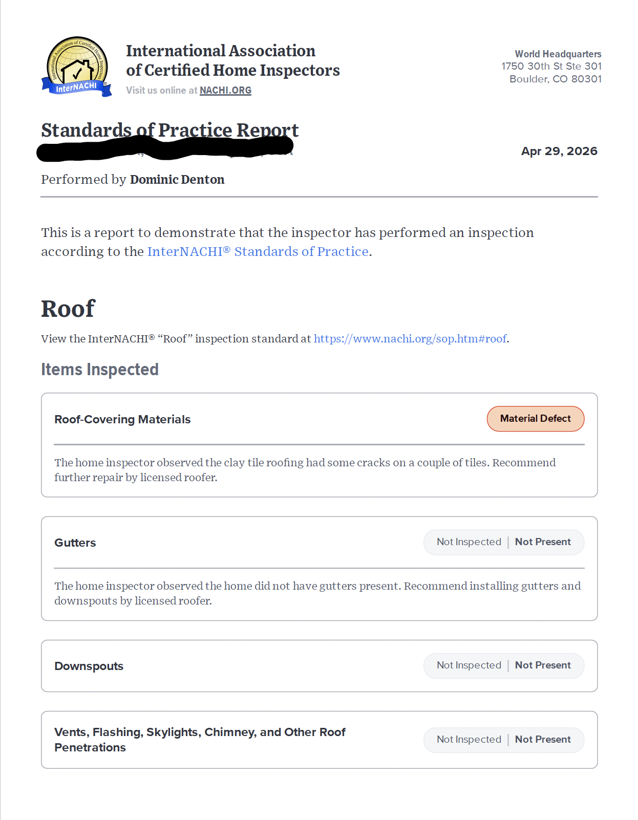 Home Inspection Report with One Major Defect