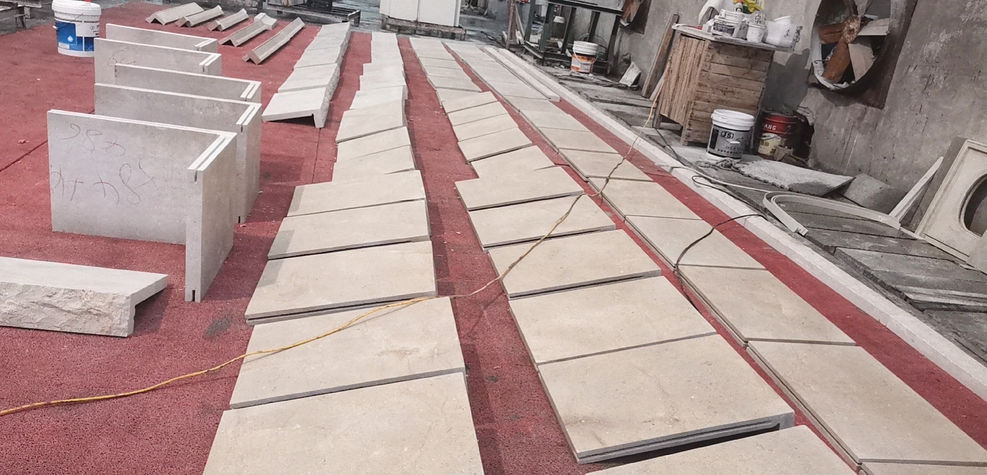 Custom fabricated Glenn Limestone stair treads with a sandblasted finish for slip resistance.