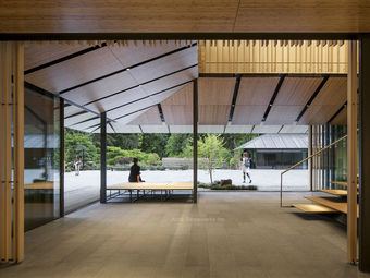 Custom-fabricated Obsidian Basalt geometric paving system and large-section stone stairs for the Portland Japanese Garden Cultural Village.