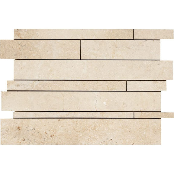 Linear wall cladding mockup layout of bright, warm Sunny Beige Limestone panels with crisp horizontal shadow lines.