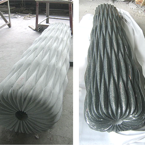 Close-up of Sea Green Granite during the fabrication process, showing the intricate, interlocking geometric "pillow" pattern.
