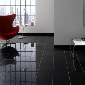 Luxury office lobby featuring polished Black Galaxy Granite flooring, showcasing the deep black background and reflective metallic flecking that creates a sophisticated, high-contrast interior aesthetic.