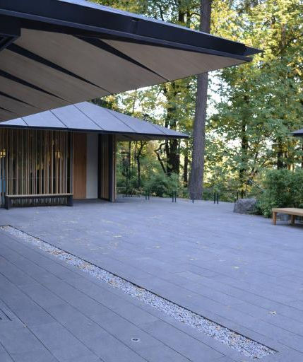 Obsidian Basalt stone paving with a custom Fine Adze texture for Japanese Garden at Portland, Organ