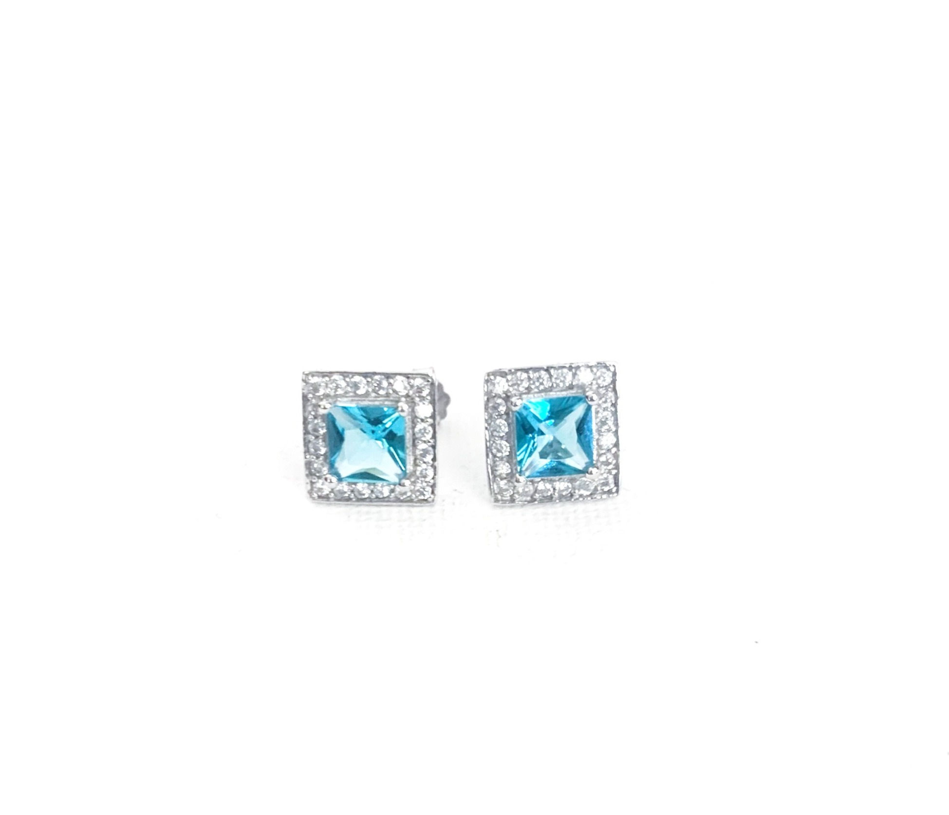 Sterling Silver CZ Square Shaped Earrings in Blue