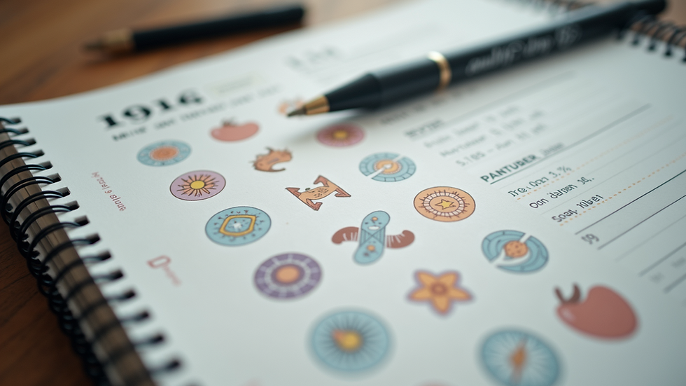 Close-up of a planner with zodiac sign stickers and notes