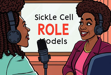 A lady recording a podcast with her guest and the podcast title Sickle Cell Role Models