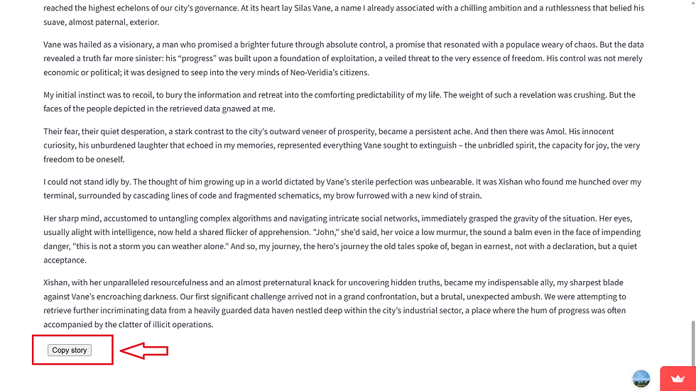 A close-up view of the 'Copy story' button element located at the bottom of the generated workspace panel.