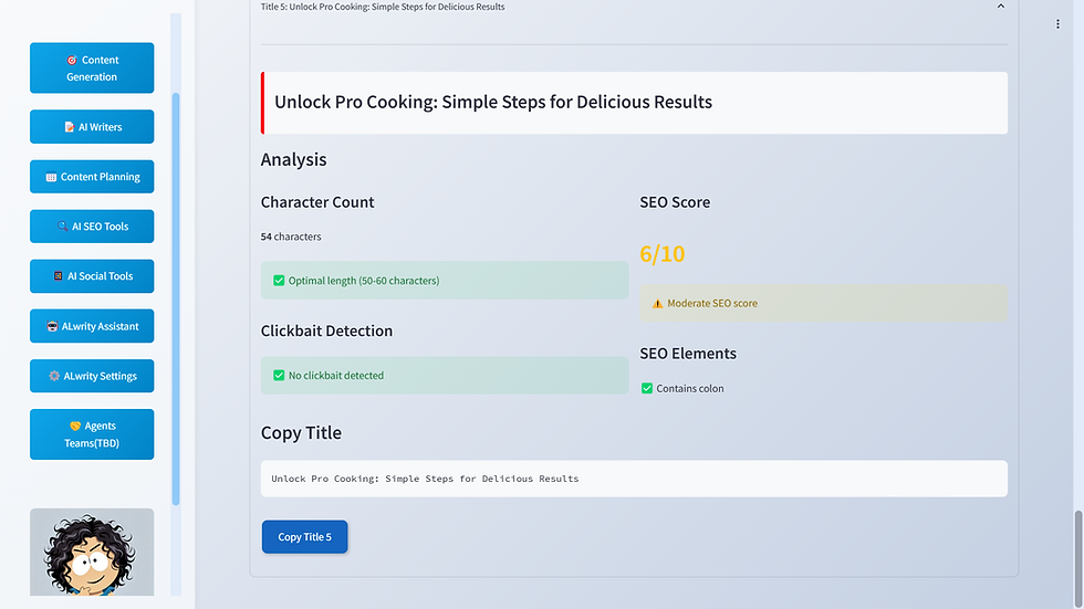 SEO analysis screen for a title, "Unlock Pro Cooking: Simple Steps for Delicious Results." It shows character count, SEO score, and clickbait detection.