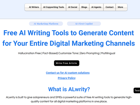 ALwrity homepage with blue "Free AI writing tools to generate content for your entire digital marketing channels" headline, navigation tabs, and black Write Free Article button on a clean white background