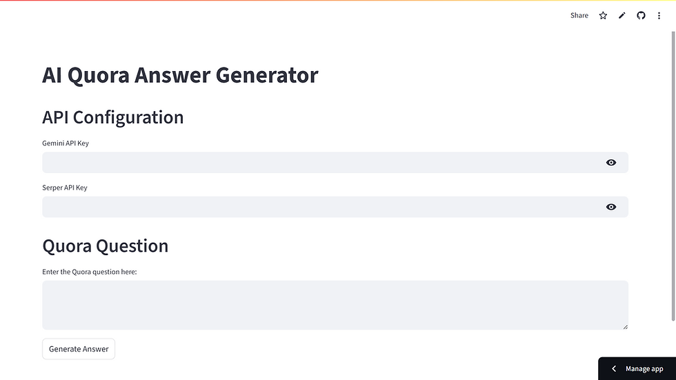 AI Quora Answer Generator interface with fields for API keys and a Quora question input. Button labeled "Generate Answer" below.