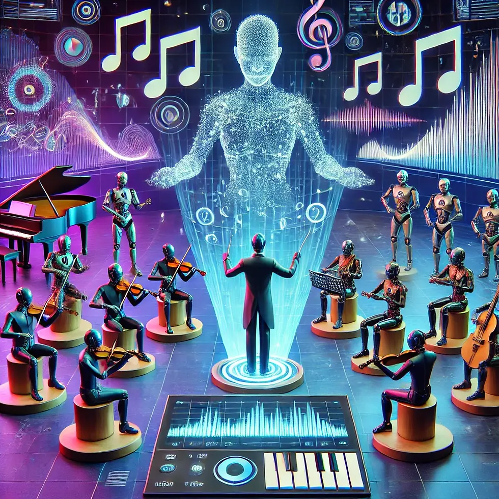 Conductor leads robot orchestra with holographic figure. Music notes and futuristic graphics surround in a vibrant, digital setting.