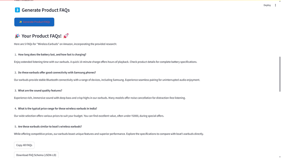 Webpage displays "Generate Product FAQs" about wireless earbuds, detailing battery life, connectivity, sound quality, and pricing, with a clean layout.