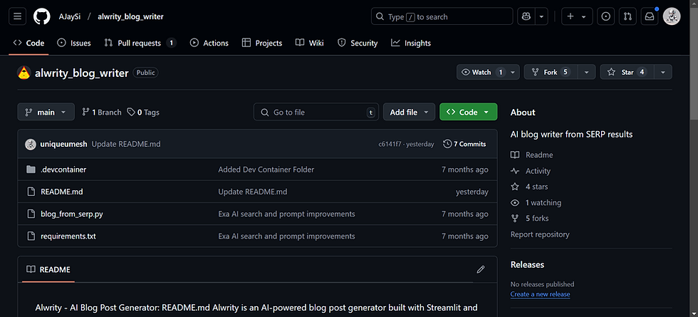 A screenshot of the GitHub repository page for “alwrity_blog_writer,” showing the main branch, a description stating “AI blog writer from SERP results,” and a list of files including .devcontainer, README.md, blog_from_serp.py, and requirements.txt. The interface displays the green “Code” button on the right, alongside repository stats such as stars, forks, and commits.