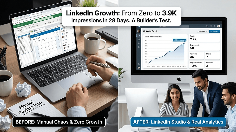Before-and-after LinkedIn growth graphic: manual chaos vs LinkedIn Studio analytics, showing 3.8K impressions and team review.