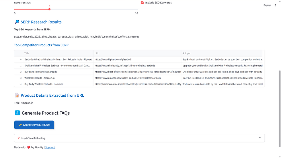 SEO research dashboard showing top keywords, competitor product titles with URLs, and snippets about wireless earbuds in India.