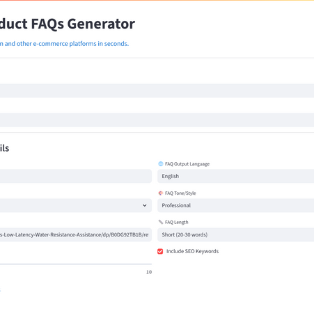 ALwrity FAQs Generator interface with options to enter API keys, product details, language, tone, and number of FAQs. Visible text on a white background.