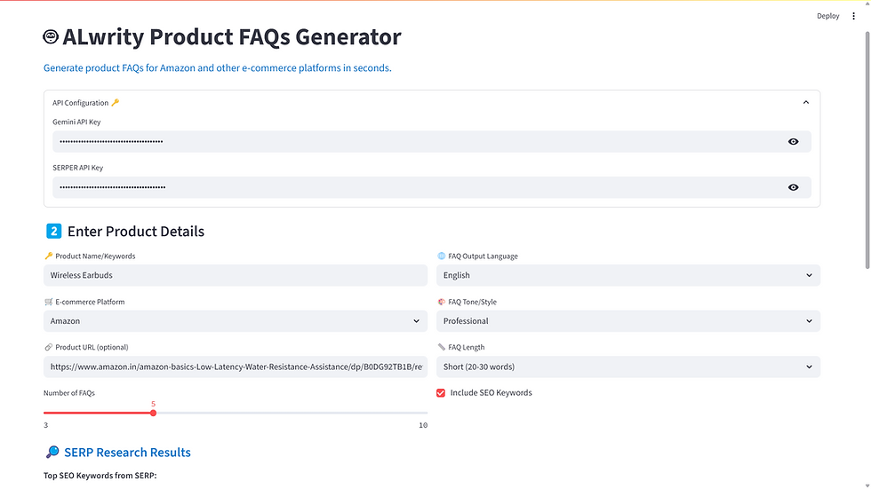 Interface of "ALwrity Product FAQs Generator" showing fields for API keys, product details, and settings like language and tone.