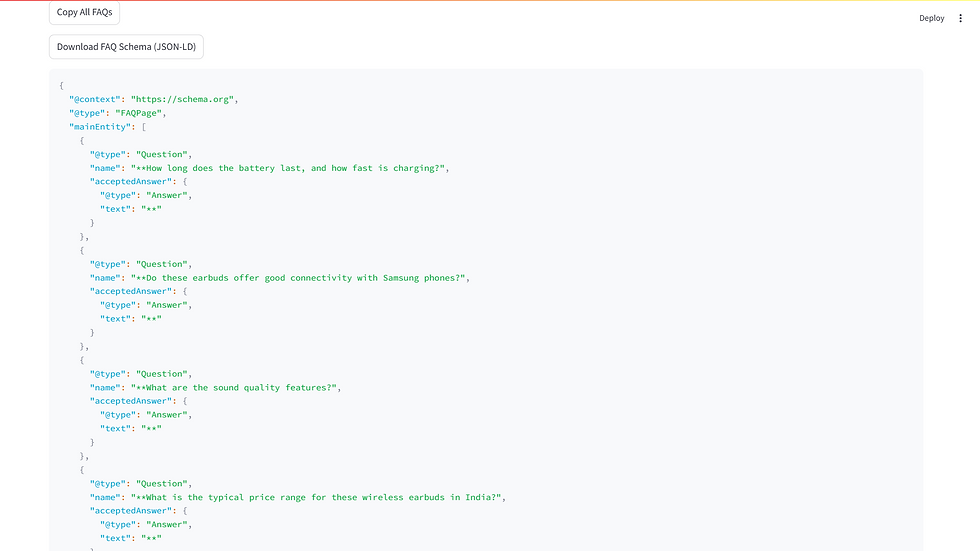 FAQ JSON-LD code snippet showing structured data with questions about battery life, connectivity, sound quality, and price of wireless earbuds.