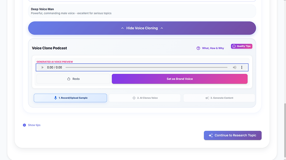 Voice cloning interface with playback bar. Options to record/upload sample, AI clones voice, generate content, and set brand voice. Buttons in blue and pink.