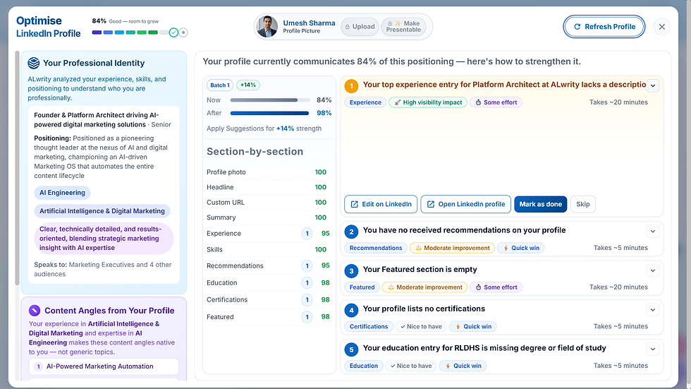 LinkedIn profile optimization dashboard showing 84% score, AI suggestions, profile photo, and action buttons on a white-blue interface.