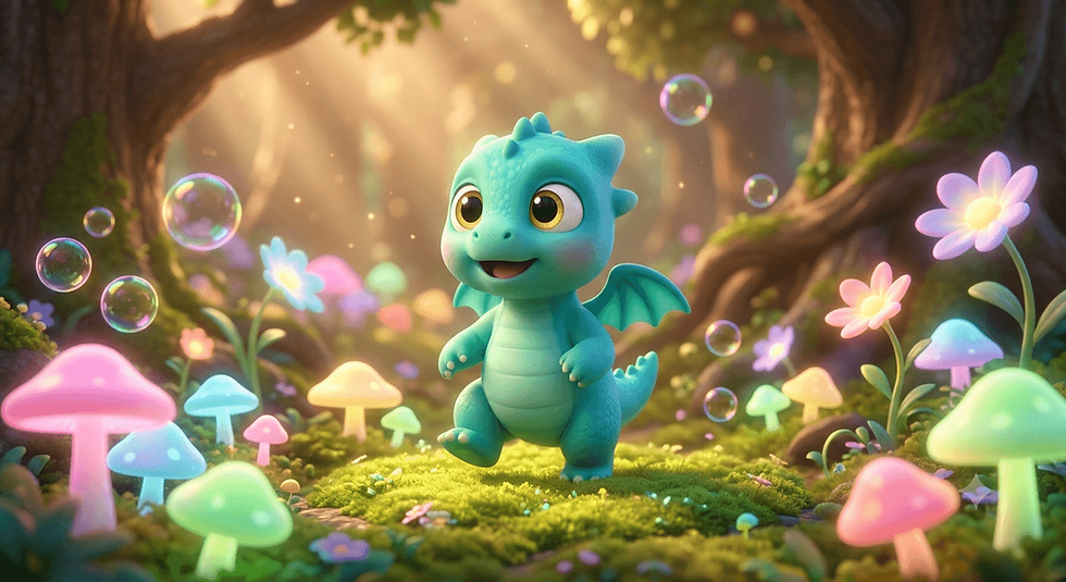 3D digital animation of a cute turquoise baby dragon standing on a mossy path in an enchanted forest surrounded by glowing pastel mushrooms and rainbow bubbles.