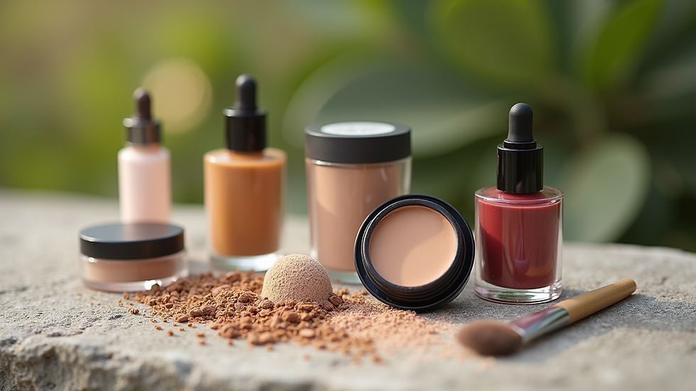 Eye-level view of natural makeup products arranged on a stone surface