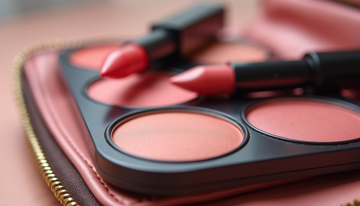 Close-up view of compact blush palettes and lip gloss arranged on a travel makeup bag