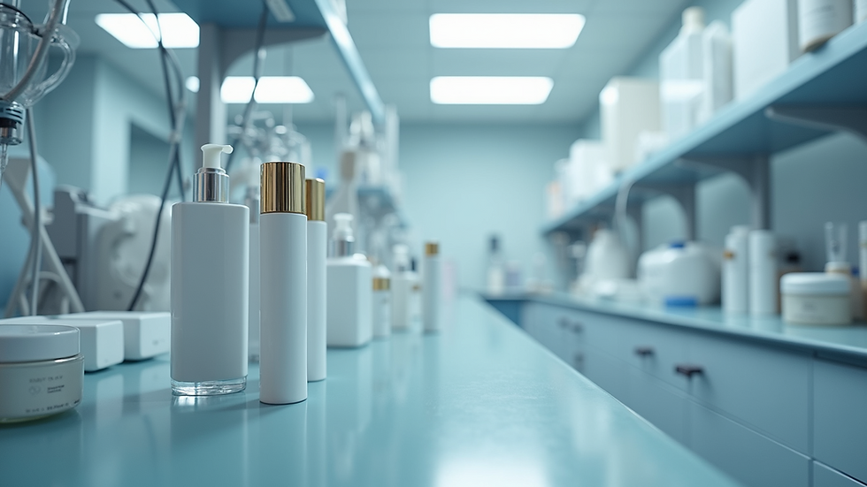Eye-level view of a modern laboratory with skincare products and scientific equipment