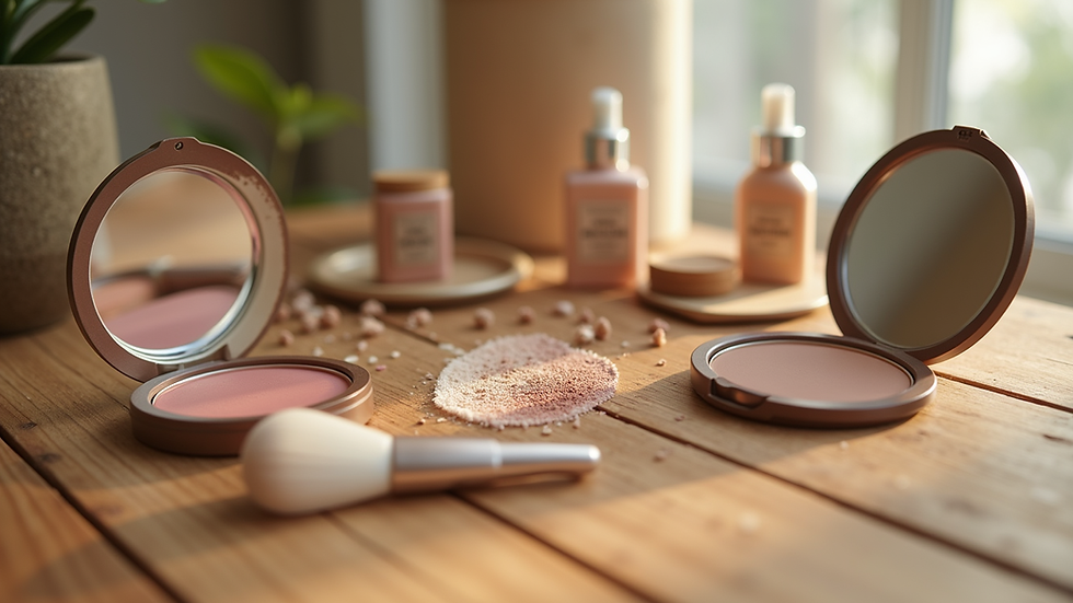 Eye-level view of eco-friendly makeup products arranged on a wooden table