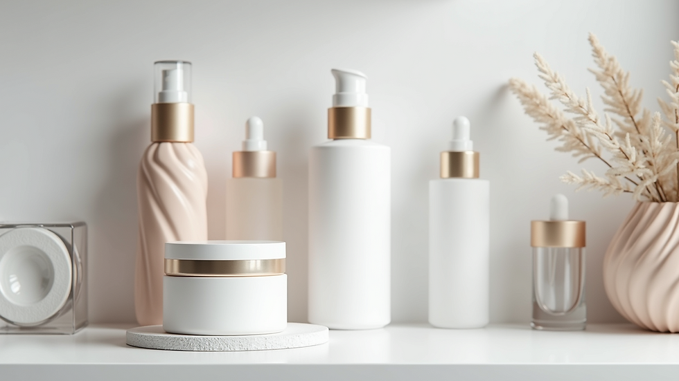 Eye-level view of cosmetic products arranged on a minimalist white shelf
