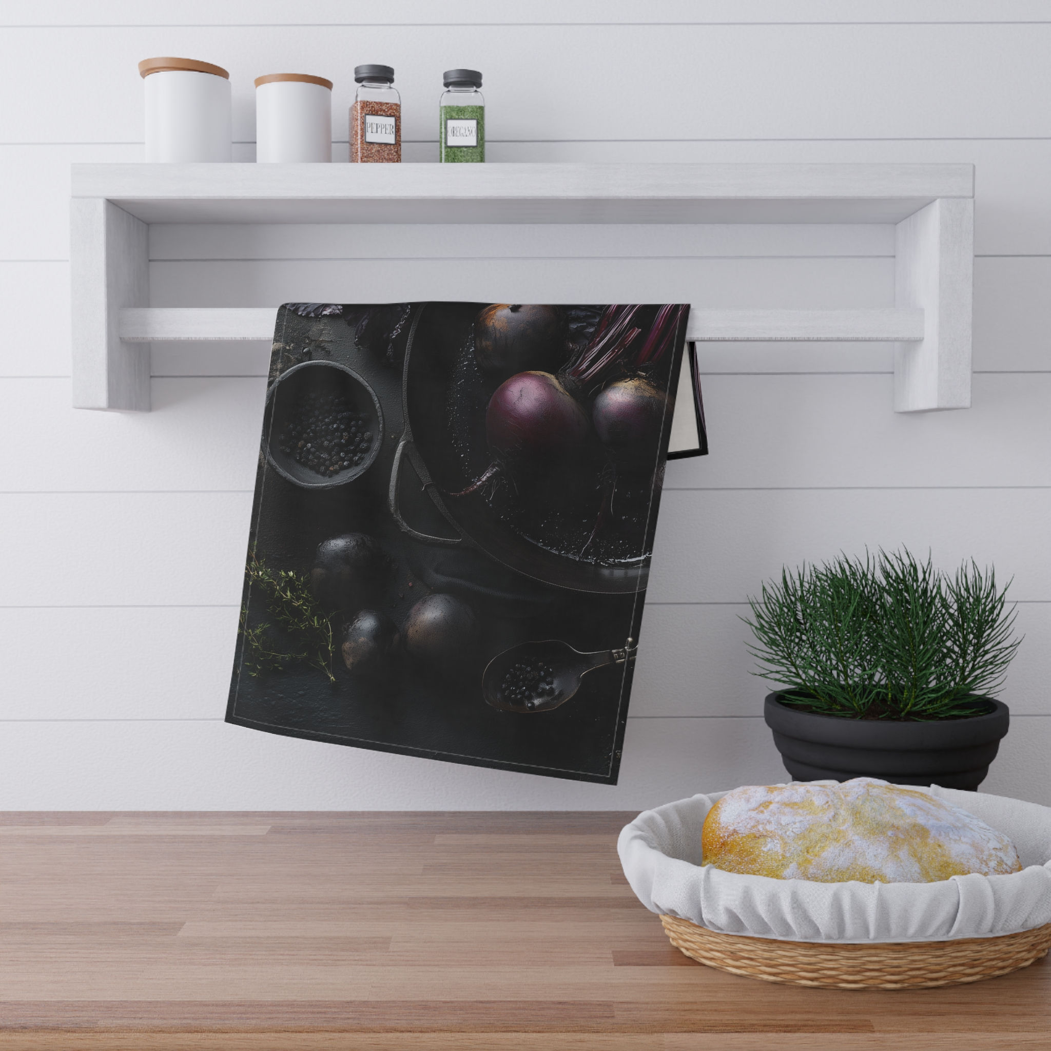 Dark Rustic Beet & Herbs Kitchen Tea Towel