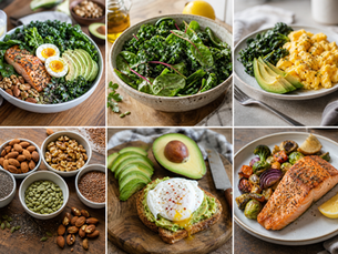 A beautifully styled healthy meal scene on a real kitchen table, featuring a variety of blood sugar-friendly foods including leafy greens, avocado slices, eggs, nuts, seeds, and grilled salmon, arranged naturally as part of a balanced meal.