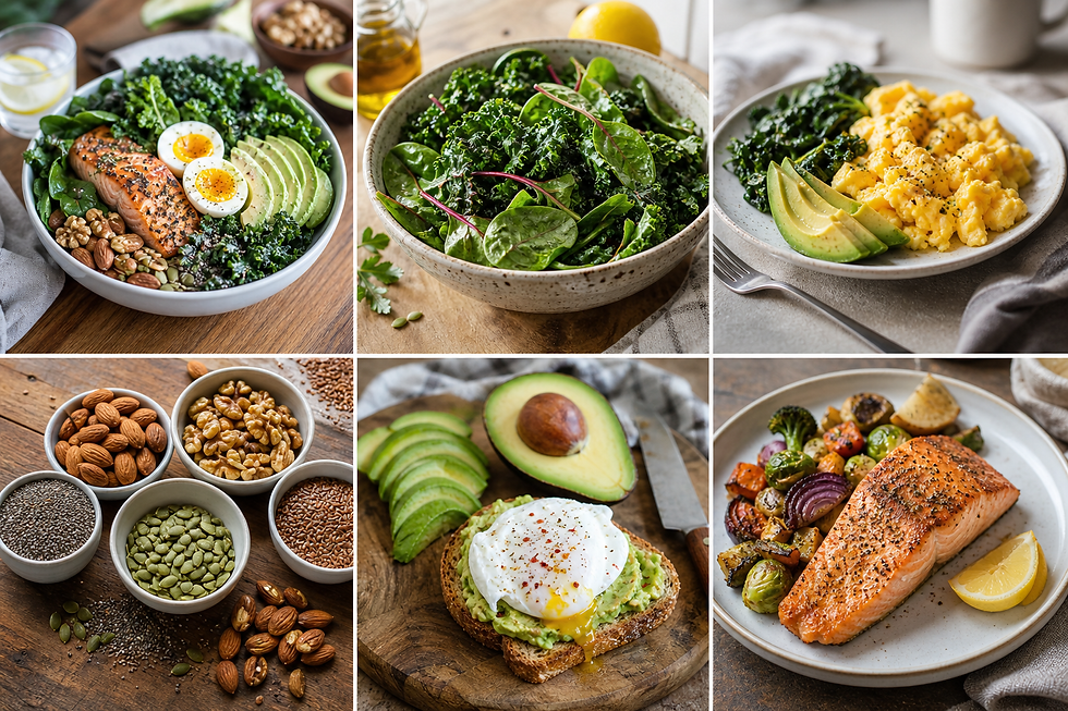 Collage of healthy dishes: salmon salad, kale bowl, scrambled eggs with avocado, assorted nuts, avocado toast, roasted salmon with veggies.