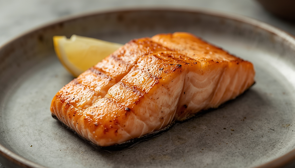 A single pan-seared salmon fillet with lightly crisped edges, placed on a plain ceramic plate