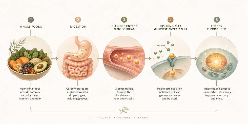 Infographic shows whole foods to digestion, glucose in bloodstream, insulin unlocking cells, and energy produced, with nourish balance energy text