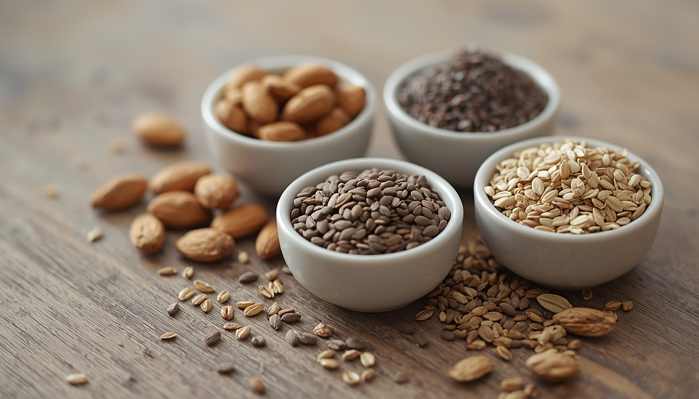 A small assortment of almonds, walnuts, chia seeds, flaxseeds, and pumpkin seeds in different small bowls on a wooden surface.