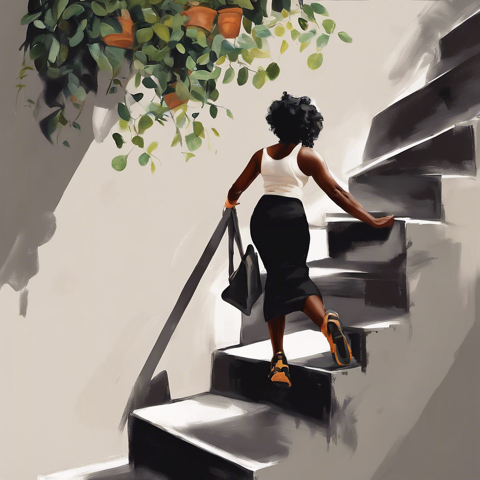 Illustration of a Black woman in business attire walking up a staircase, holding a handbag, symbolizing progress and moving forward in her professional and personal journey.