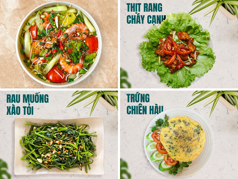 Canh chua tôm thanh mát, cá ngát kho tộ đậm vị cùng trứng chiên hàu béo ngậy cực đưa cơm.