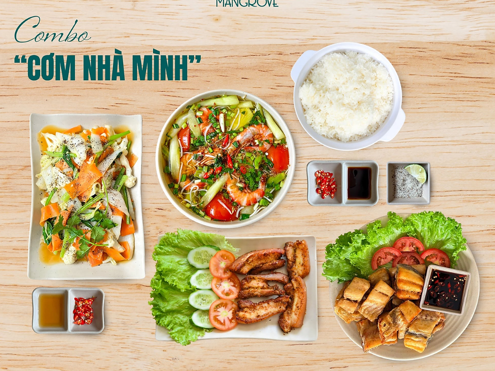 Canh chua tôm thanh dịu, thịt ba rọi muối sả ớt giòn rụm và cá dứa 1 nắng chiên thơm nức lòng.