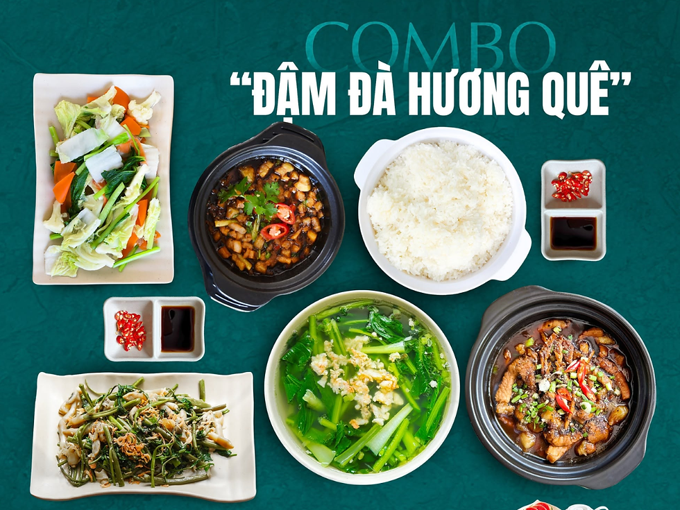 Sự kết hợp hoàn hảo giữa rau luộc kho quẹt giản dị, thịt kho tiêu đậm vị và rau muống xào ốc móng tay giòn ngọt.