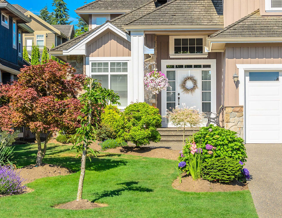 Modern house front with manicured lawn and landscaping.