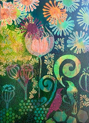 Mixed media contemporaray abstract flower and bird painting with collage elements on 75cmx1m canvas ready to hang for home interiors and art collectors by Lisa Ann Art Studio.