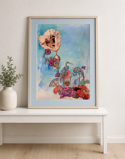 A surrenl image on a blue watery background with a white poppy with two sleeping bumblebees, a crysalis, two herons on a nest, pink and orange flowers and curiosities and purple trailing flowers