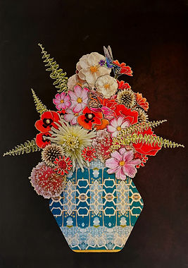 A dark background in dark brown with a still life blue and cream vase of pink, red, cream flowers and green foliage a seed heads. With a surreal hummingbird with a human eye and a flower for a head.