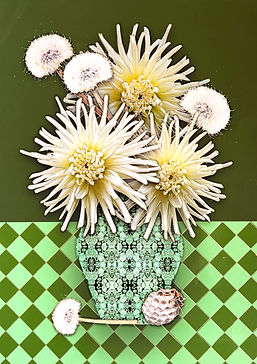 White dahlia and dandelion seed heads in a green and black vase with a wasp and wasp nest sitting next to it on a light green and dark green harliquin patterned table and dark army green wall