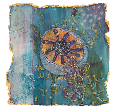 Mixed media contemporaray abstract flower painting with collage elements and gold leaf ready to frame for home interiors and art collectors by Lisa Ann Art Studio.